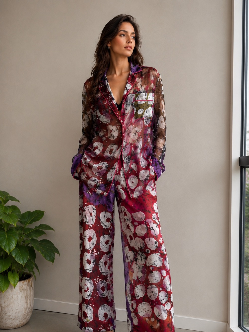 Silky Floral Tie-Dye Pajama-style satin matching set in Burgundy and Purple